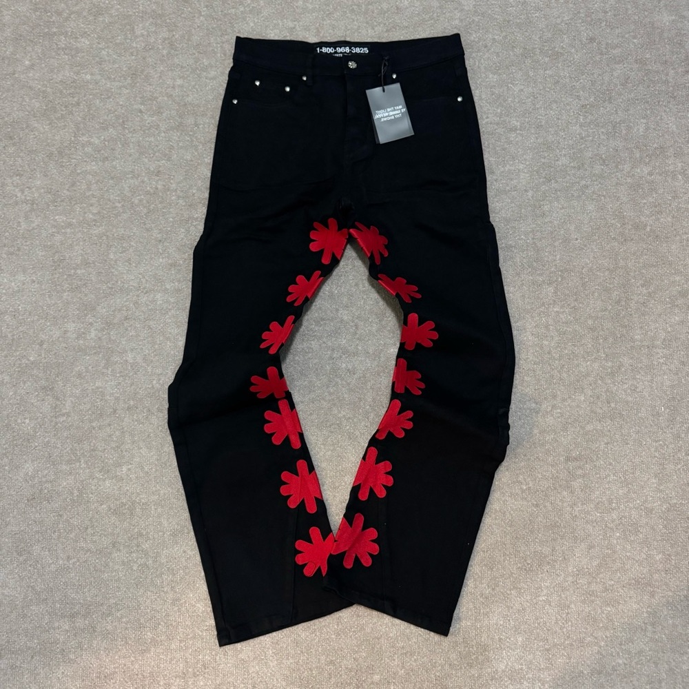 NEW Lost Shdws Denim Flare Pant Black and Red Size 34